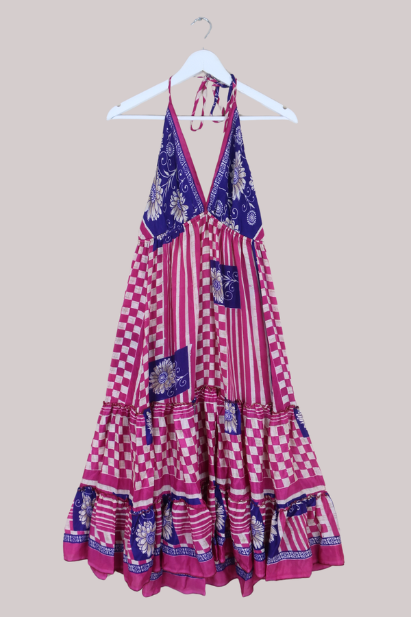 Cherry Mini Halter Dress - Hot Pink & Purple Graphic Vintage Sari (Free Size)