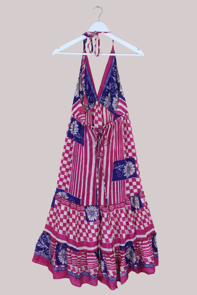 Cherry Mini Halter Dress - Hot Pink & Purple Graphic Vintage Sari (Free Size)