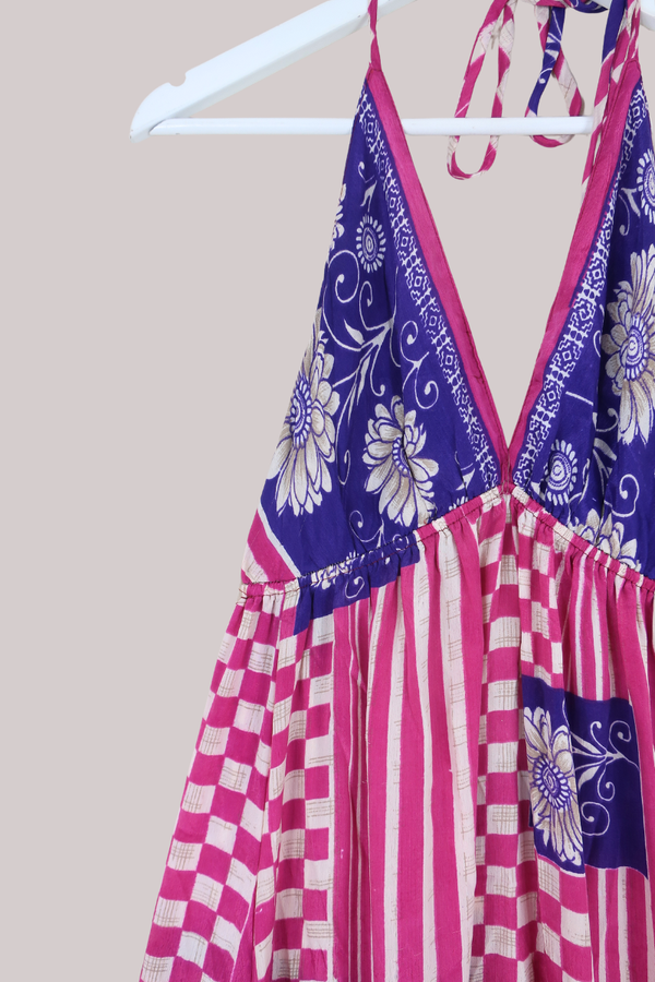 Cherry Mini Halter Dress - Hot Pink & Purple Graphic Vintage Sari (Free Size)
