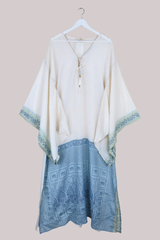 Cassandra Maxi Kaftan -Snowflake Angel in Powder Blue and Crème  - Vintage Sari - Size L/XL