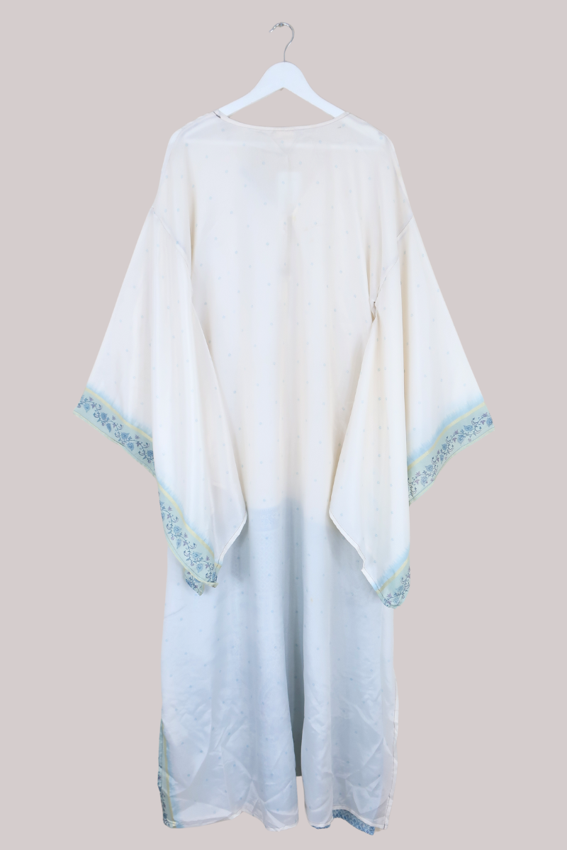 Cassandra Maxi Kaftan -Snowflake Angel in Powder Blue and Crème  - Vintage Sari - Size L/XL