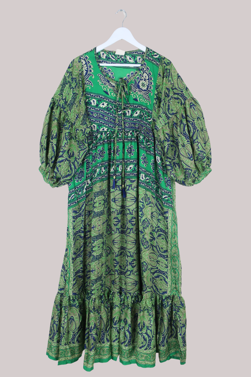 Poppy Smock Dress - Vintage Sari - Electric Green & Indigo Blue Paisley - S/M