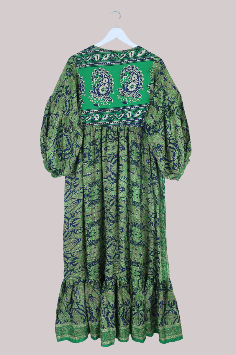 Poppy Smock Dress - Vintage Sari - Electric Green & Indigo Blue Paisley - S/M