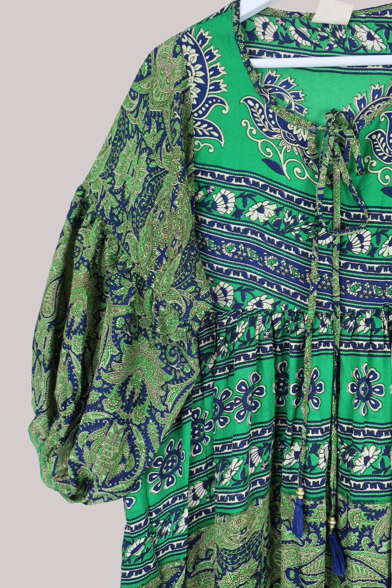 Poppy Smock Dress - Vintage Sari - Electric Green & Indigo Blue Paisley - S/M
