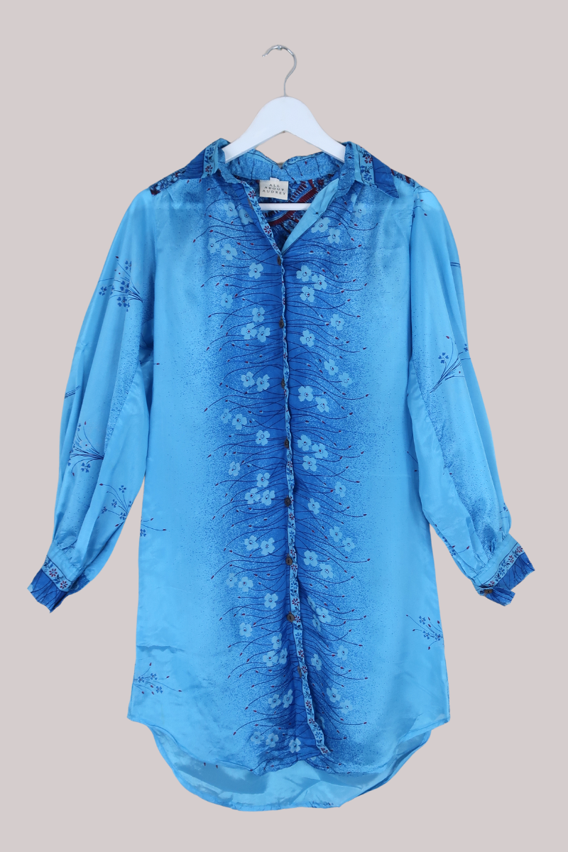 Bonnie Shirt Dress - Fountain Blue Daisies - Vintage Indian Sari - Free Size S/M