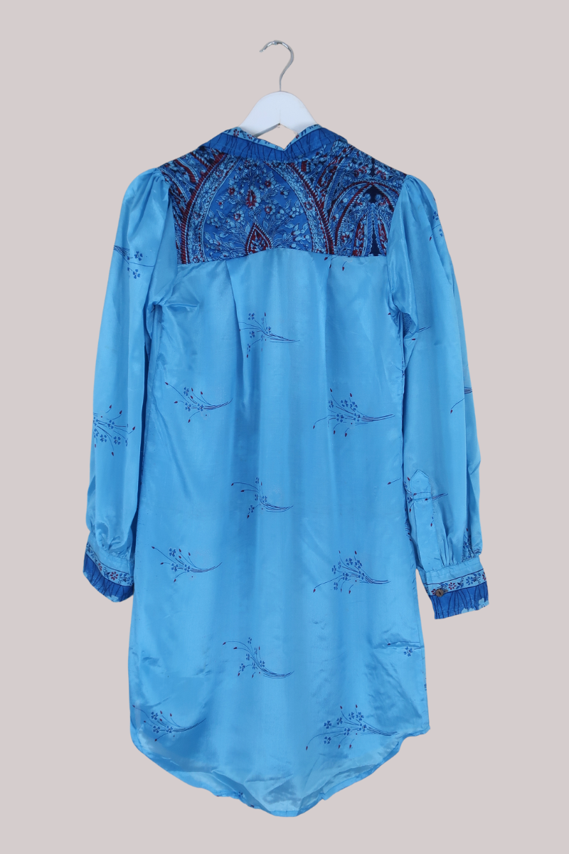 Bonnie Shirt Dress - Fountain Blue Daisies - Vintage Indian Sari - Free Size S/M