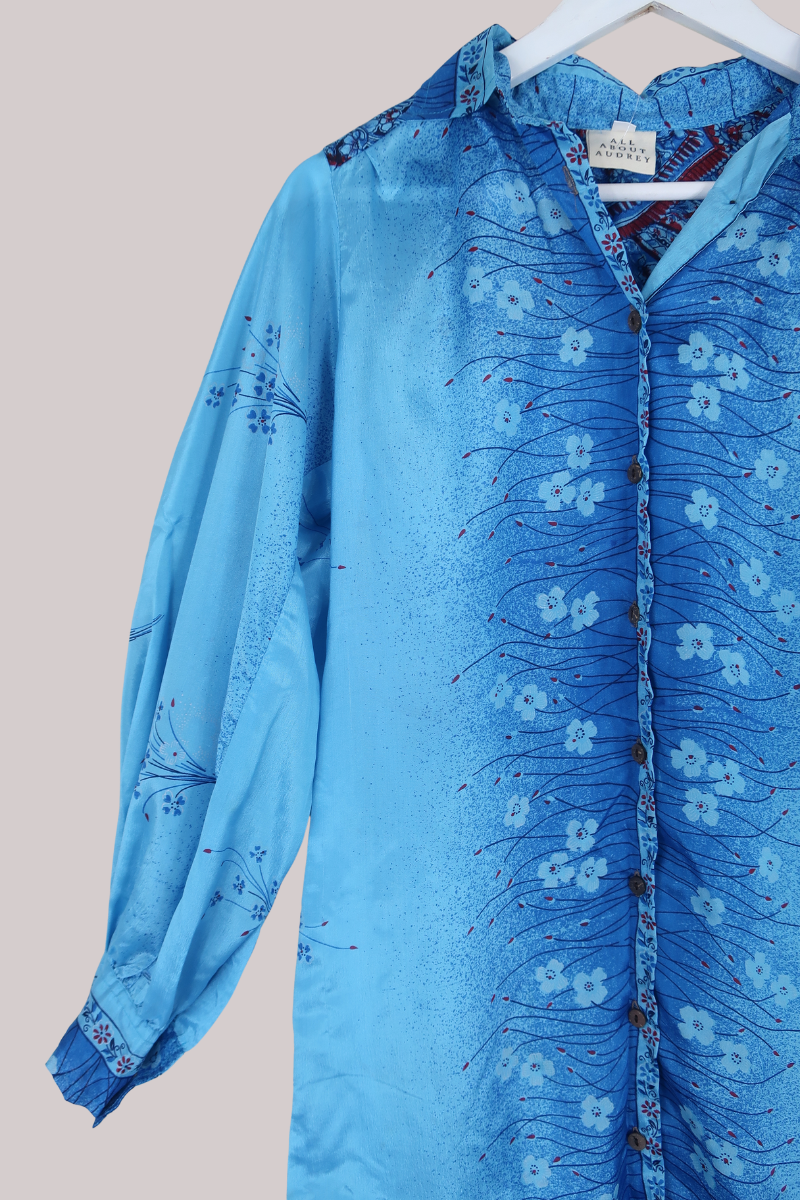 Bonnie Shirt Dress - Fountain Blue Daisies - Vintage Indian Sari - Free Size S/M