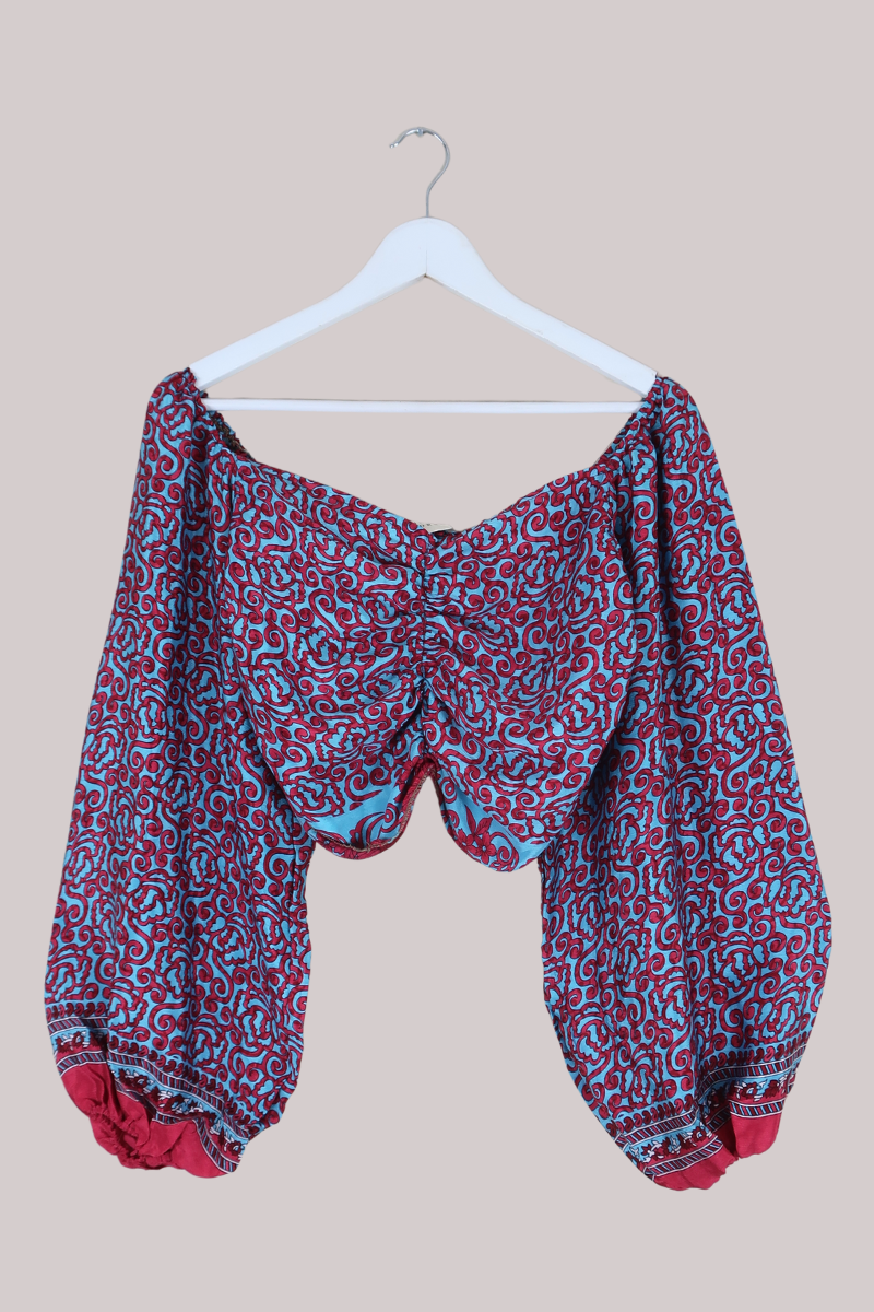 Ariel Top - Vintage Indian Sari - Blue & Cherry Floral - S/M