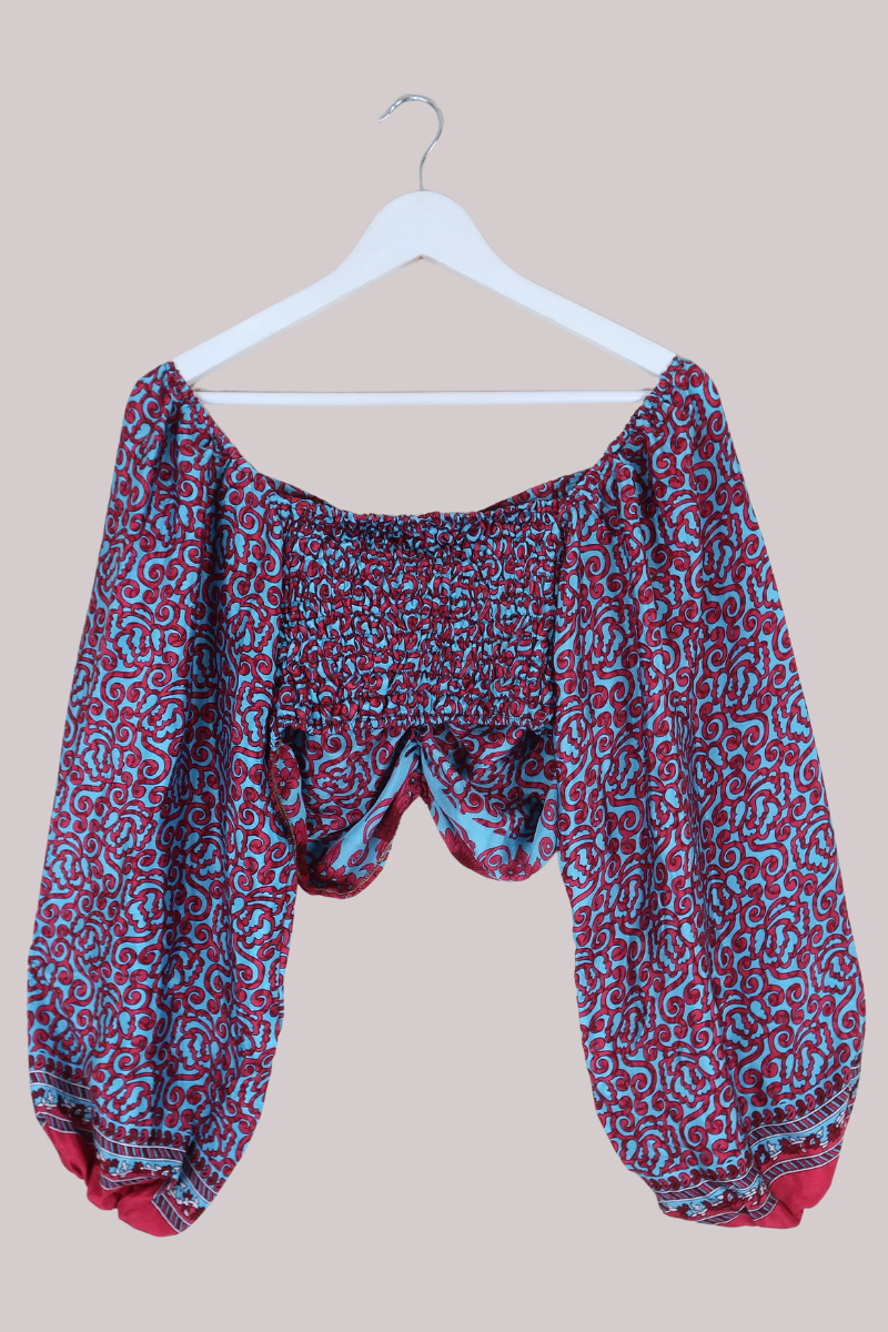Ariel Top - Vintage Indian Sari - Blue & Cherry Floral - S/M