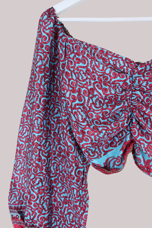 Ariel Top - Vintage Indian Sari - Blue & Cherry Floral - S/M