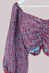Ariel Top - Vintage Indian Sari - Blue & Cherry Floral - S/M