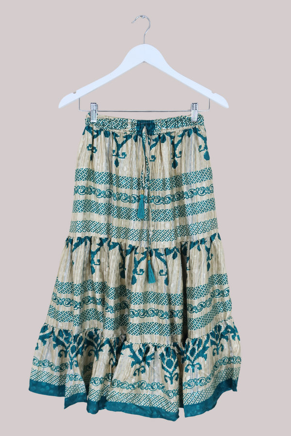 Rosie Midi Skirt in Abstract Champagne & Turquoise - Free Size