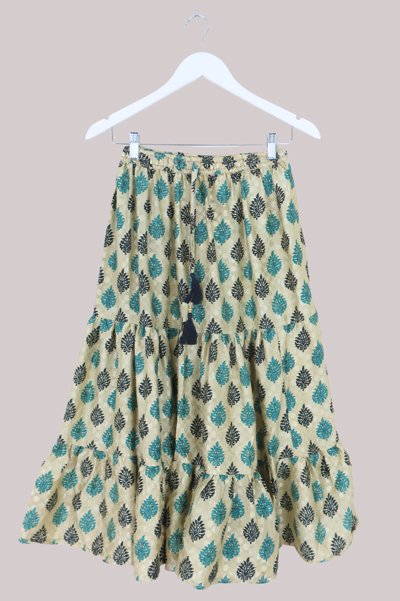 Rosie Midi Skirt in Champagne & Teal Damask - Free Size