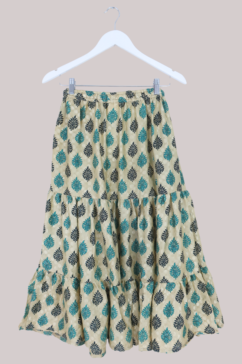 Rosie Midi Skirt in Champagne & Teal Damask - Free Size