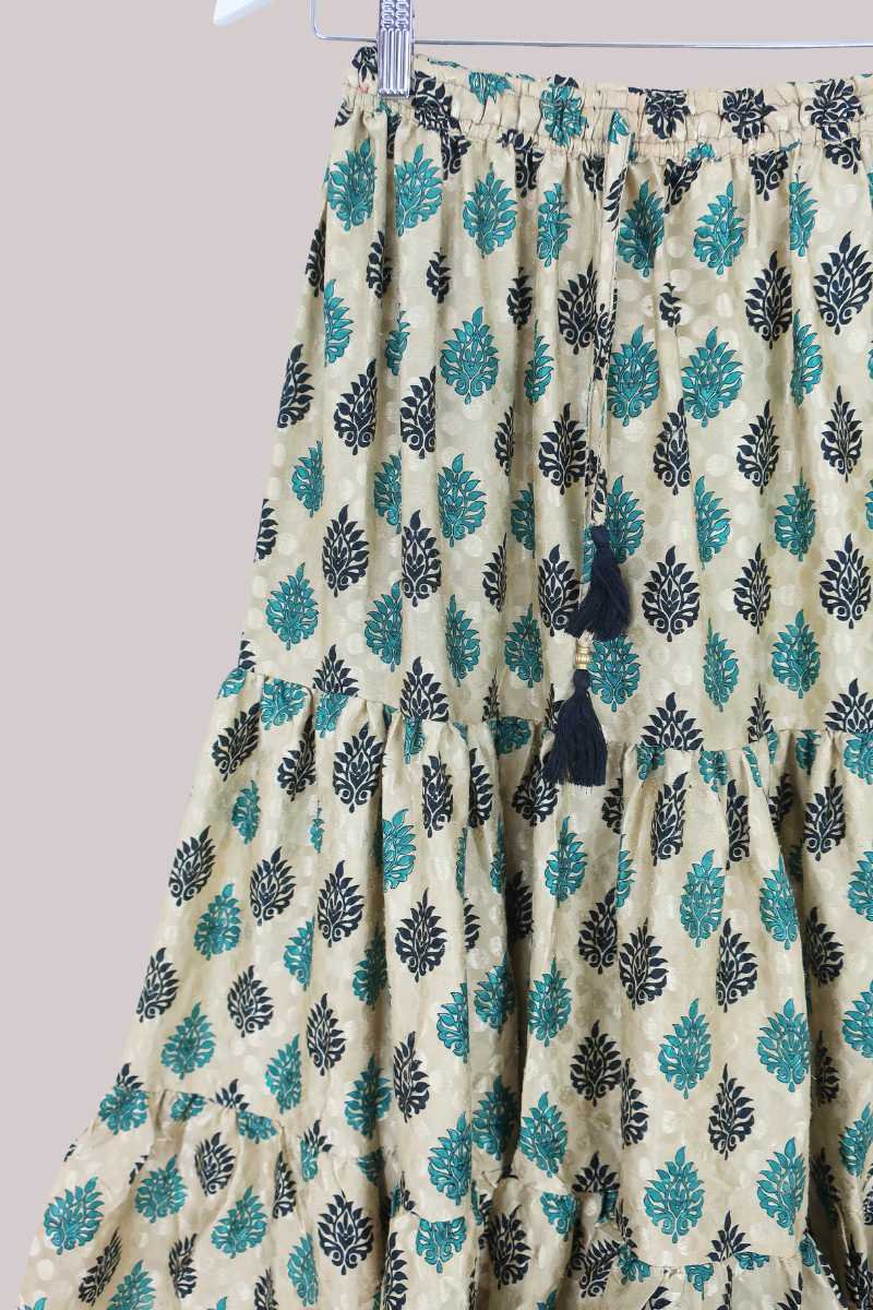 Rosie Midi Skirt in Champagne & Teal Damask - Free Size