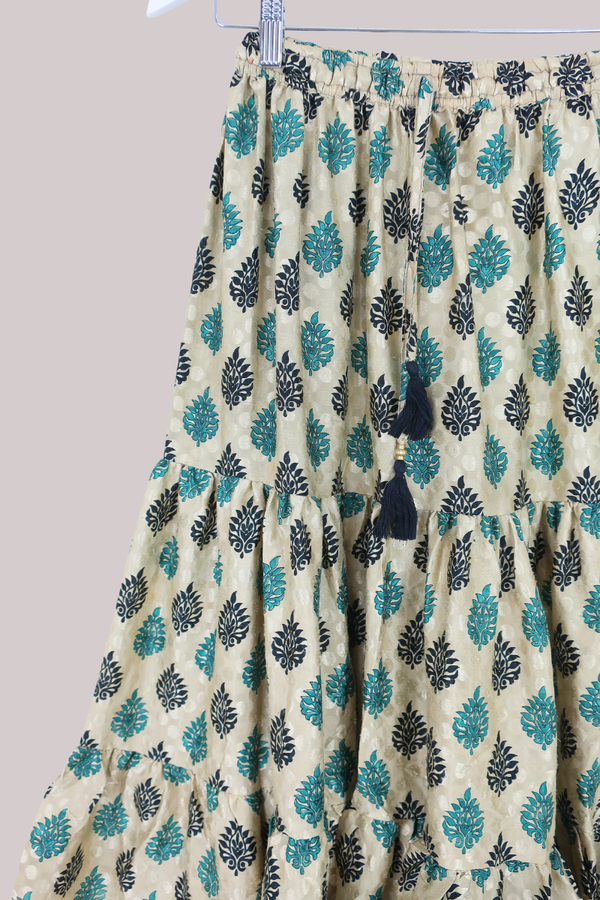 Rosie Midi Skirt in Champagne & Teal Damask - Free Size