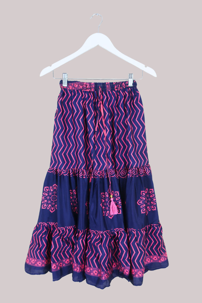 Rosie Midi Skirt in Midnight Blue & Fuchsia - Free Size