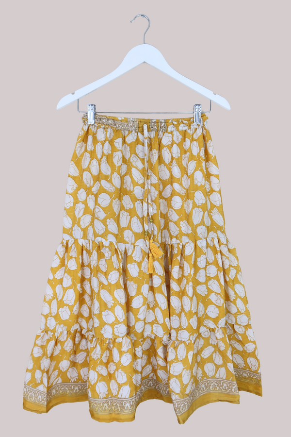 Rosie Midi Skirt in Butter Yellow Tulips - Free Size