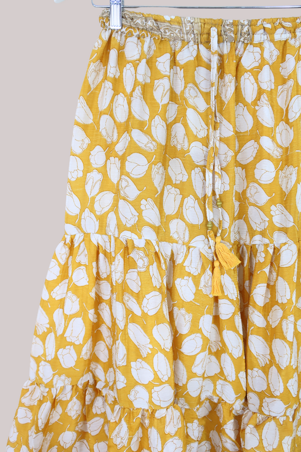 Rosie Midi Skirt in Butter Yellow Tulips - Free Size