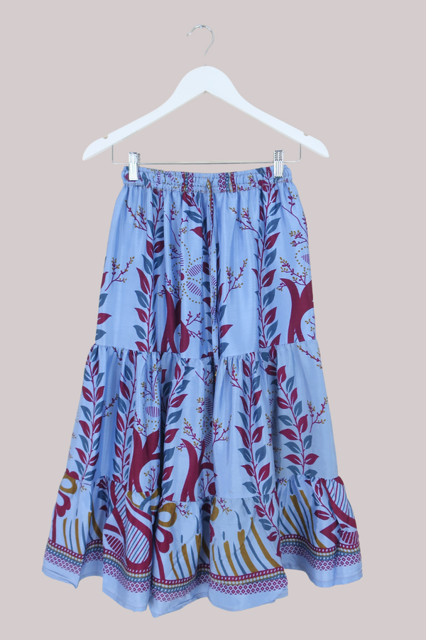 Rosie Midi Skirt in Cornflower Blue & Mulberry Florals - Free Size