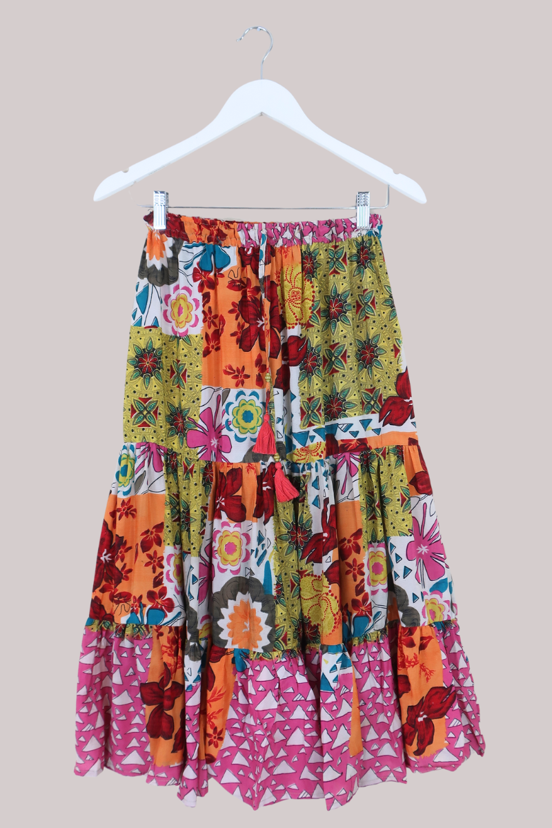 Rosie Midi Skirt in Patchwork Paintbox Florals - Free Size