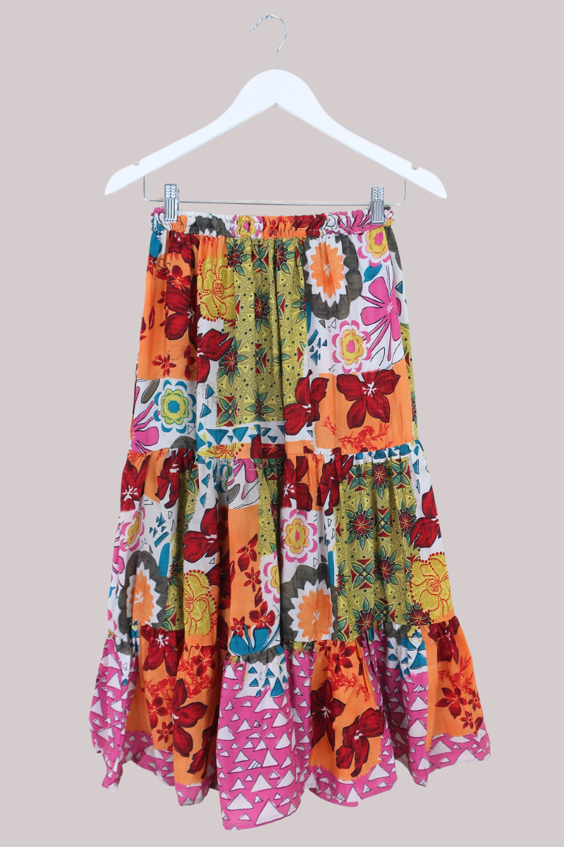 Rosie Midi Skirt in Patchwork Paintbox Florals - Free Size