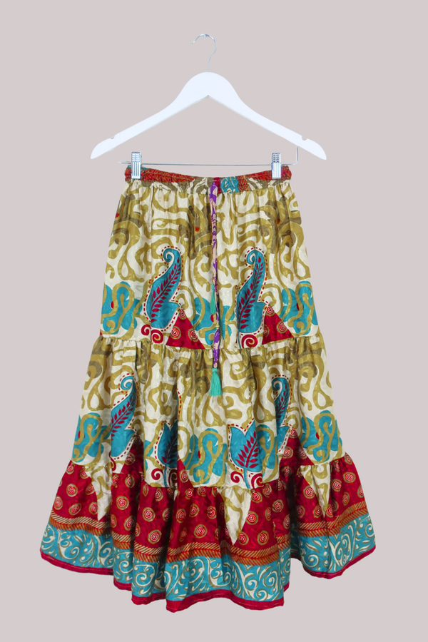 Rosie Midi Skirt in Olive, Teal & Garnet - Free Size