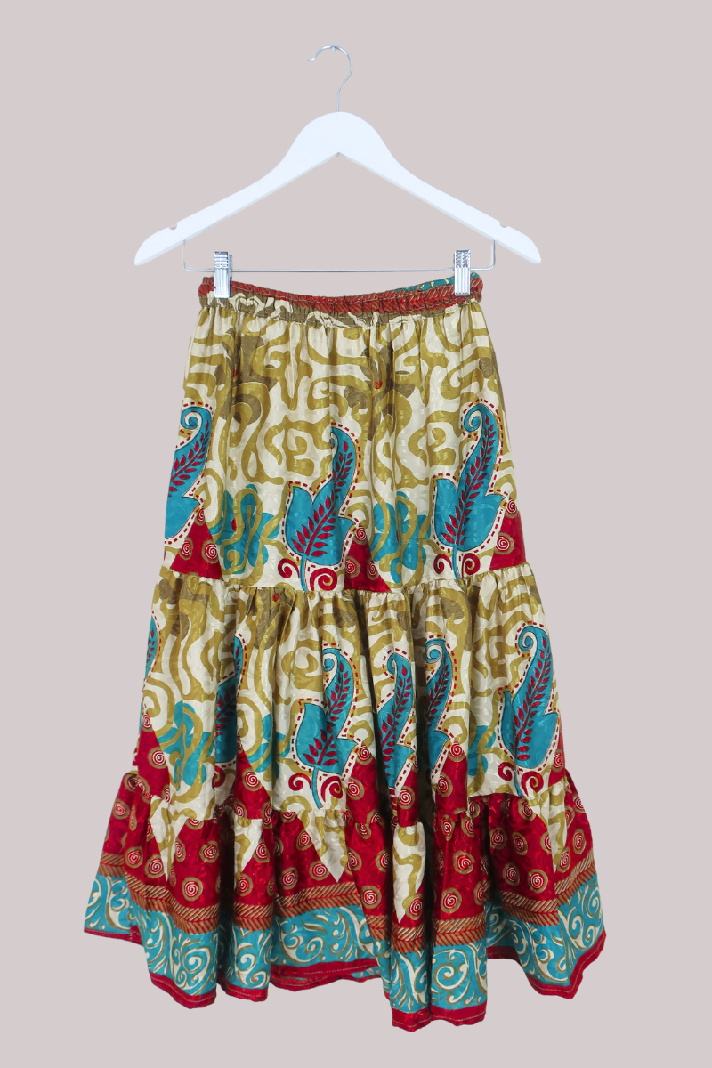 Rosie Midi Skirt in Olive, Teal & Garnet - Free Size