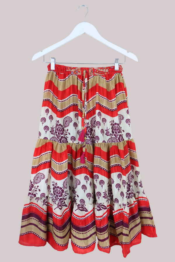 Rosie Midi Skirt in Scarlet Floral Stripe - Free Size