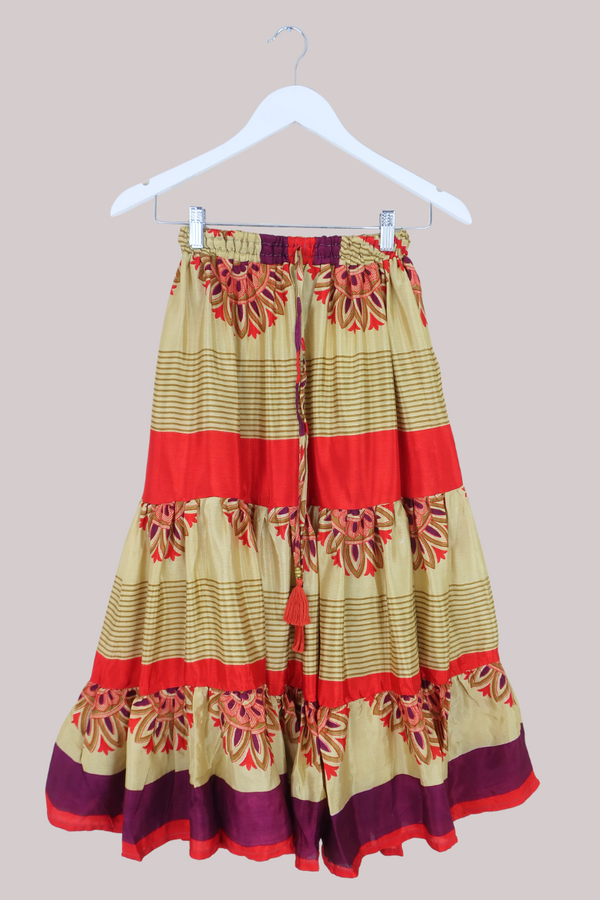 Rosie Midi Skirt in Abstract Gold & Ruby Stripe - Free Size