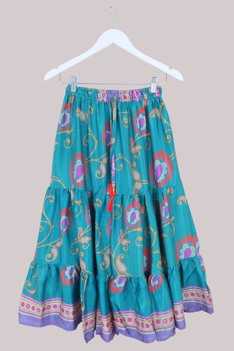 Rosie Midi Skirt in Vibrant Teal Paisley - Free Size