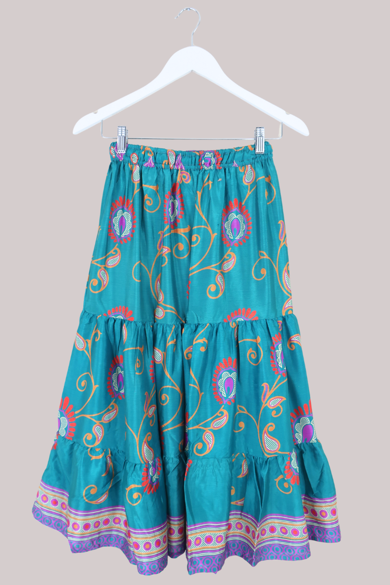 Rosie Midi Skirt in Vibrant Teal Paisley - Free Size