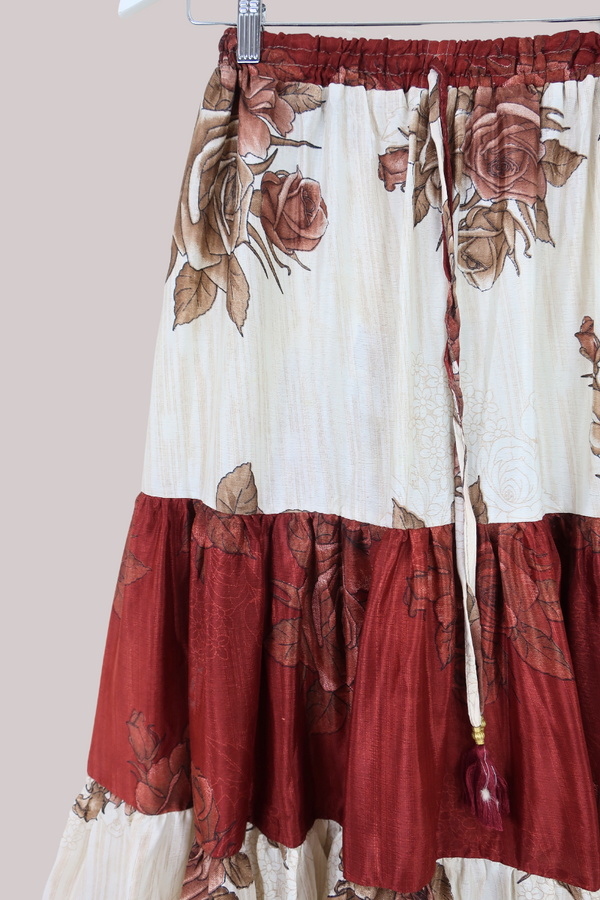 Rosie Midi Skirt in Ivory & Merlot Vintage Roses - Free Size