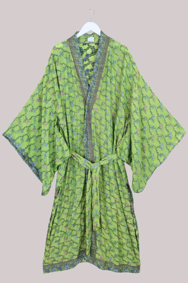 Lotus Embroidered Pure Silk Robe - Jade Budding Wildflowers - Free Size