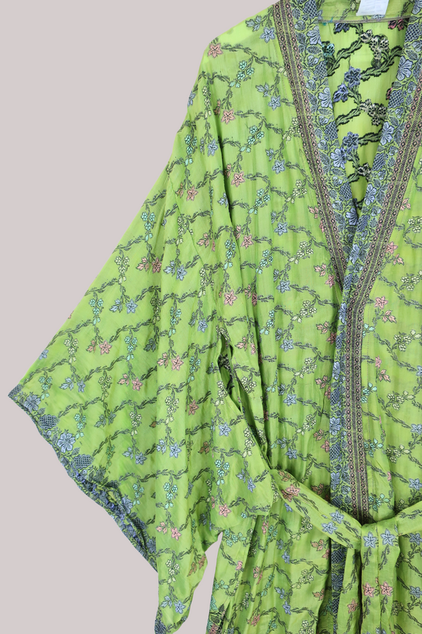 Lotus Embroidered Pure Silk Robe - Jade Budding Wildflowers - Free Size