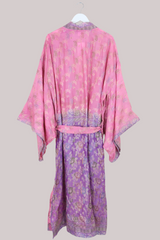Lotus Embroidered Pure Silk Robe - Watercolour Pink Florals - Free Size