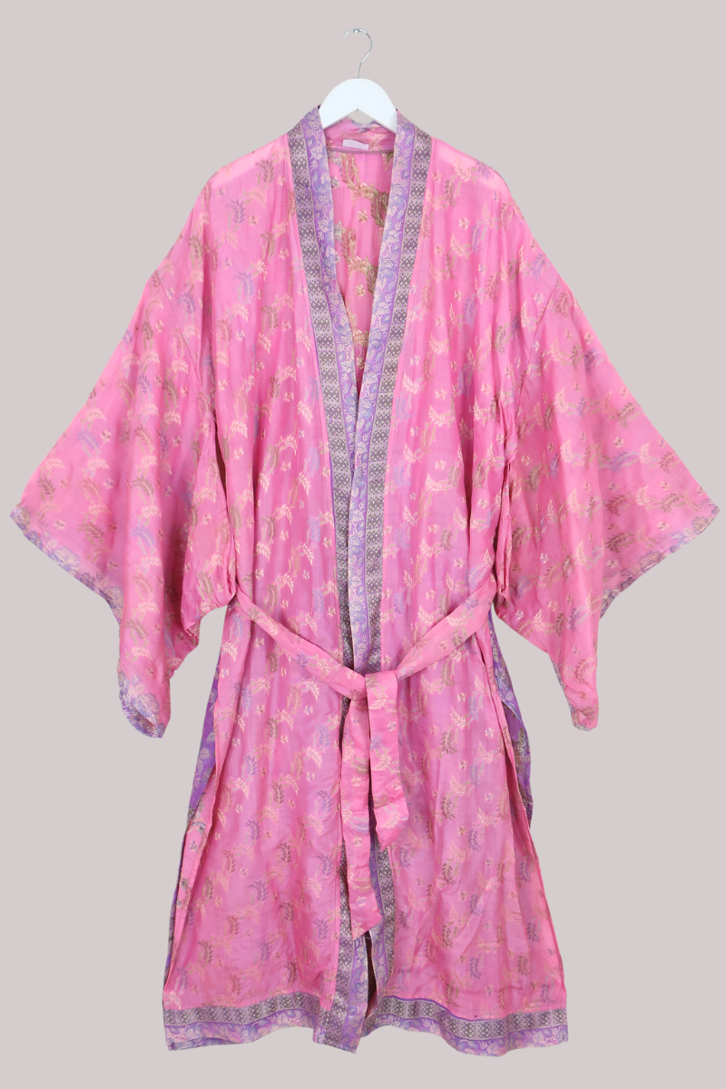 Lotus Embroidered Pure Silk Robe - Watercolour Pink Florals - Free Size