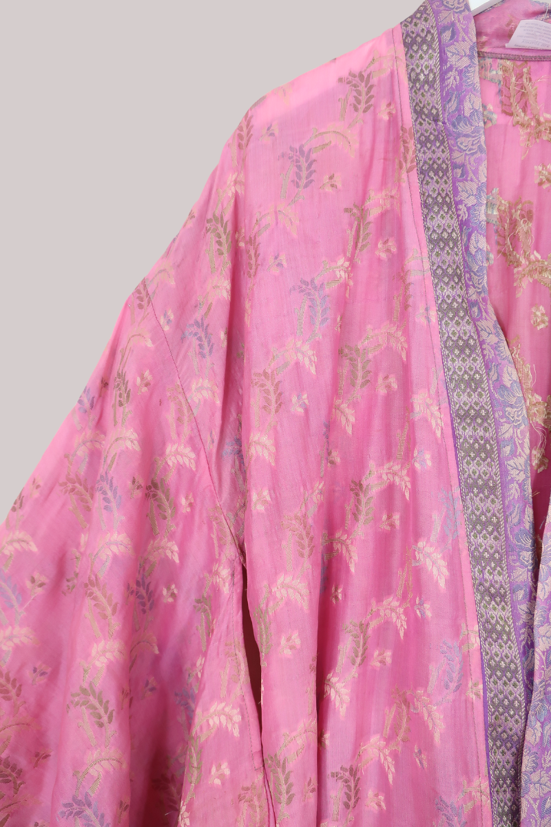Lotus Embroidered Pure Silk Robe - Watercolour Pink Florals - Free Size