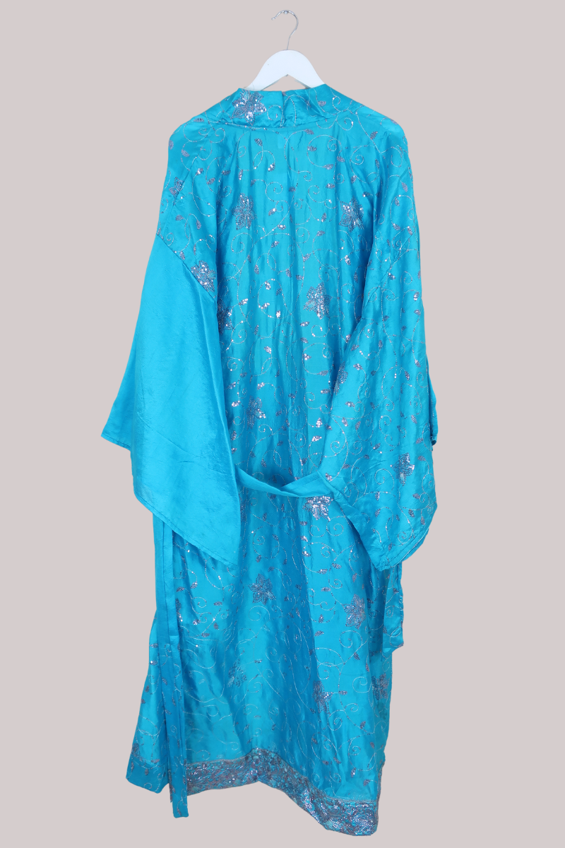 Lotus Embroidered Pure Silk Robe - Aquamarine & Silver Sequins - Free Size