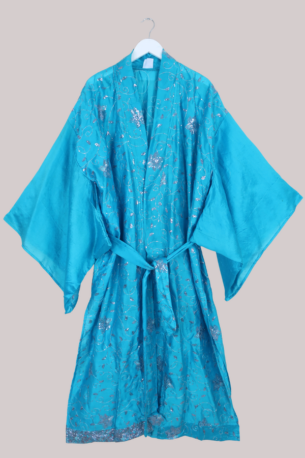 Lotus Embroidered Pure Silk Robe - Aquamarine & Silver Sequins - Free Size