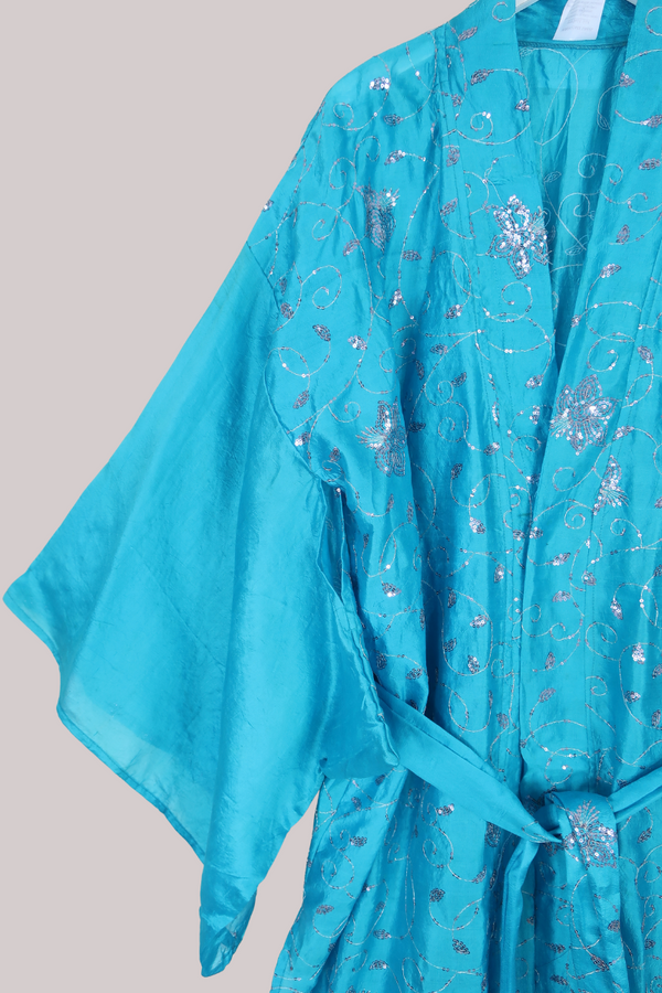 Lotus Embroidered Pure Silk Robe - Aquamarine & Silver Sequins - Free Size