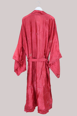 Lotus Embroidered Pure Silk Robe - Crimson Blossom - Free Size