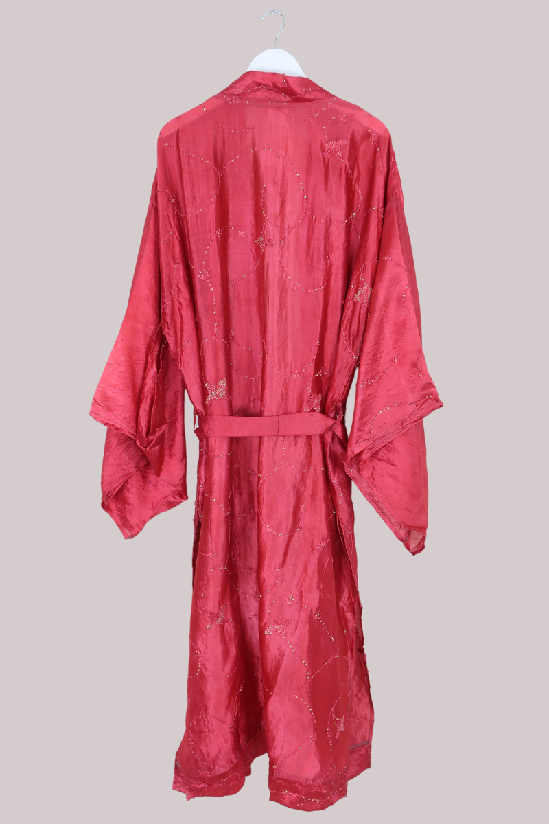 Lotus Embroidered Pure Silk Robe - Crimson Blossom - Free Size