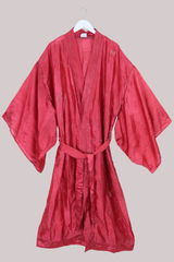 Lotus Embroidered Pure Silk Robe - Crimson Blossom - Free Size