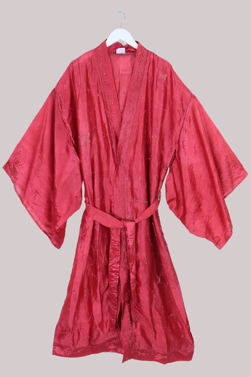 Lotus Embroidered Pure Silk Robe - Crimson Blossom - Free Size