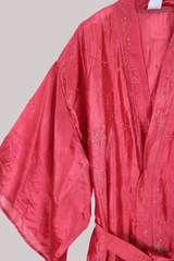 Lotus Embroidered Pure Silk Robe - Crimson Blossom - Free Size