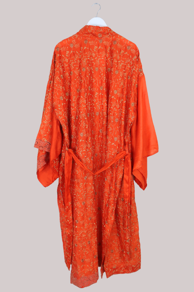 Lotus Embroidered Pure Silk Robe - Tangerine & Gold Florals - Free Size