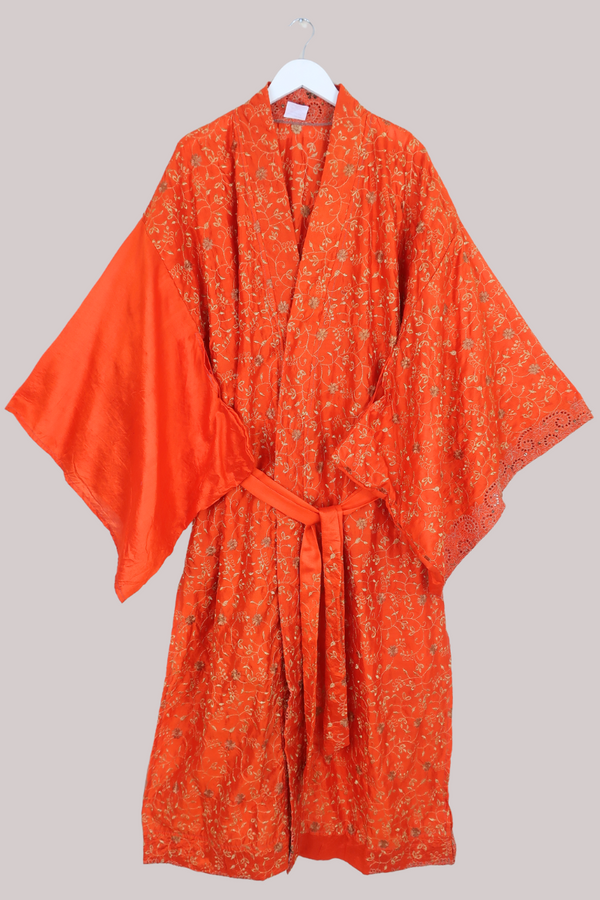 Lotus Embroidered Pure Silk Robe - Tangerine & Gold Florals - Free Size