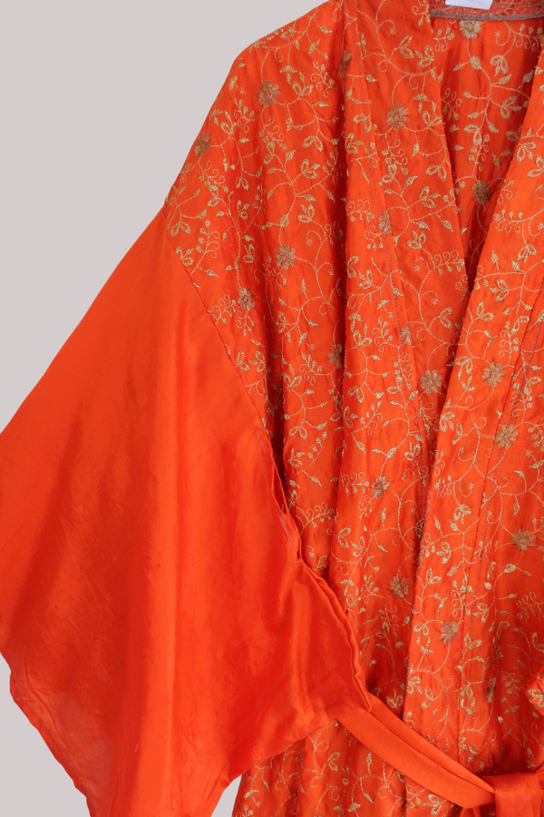 Lotus Embroidered Pure Silk Robe - Tangerine & Gold Florals - Free Size