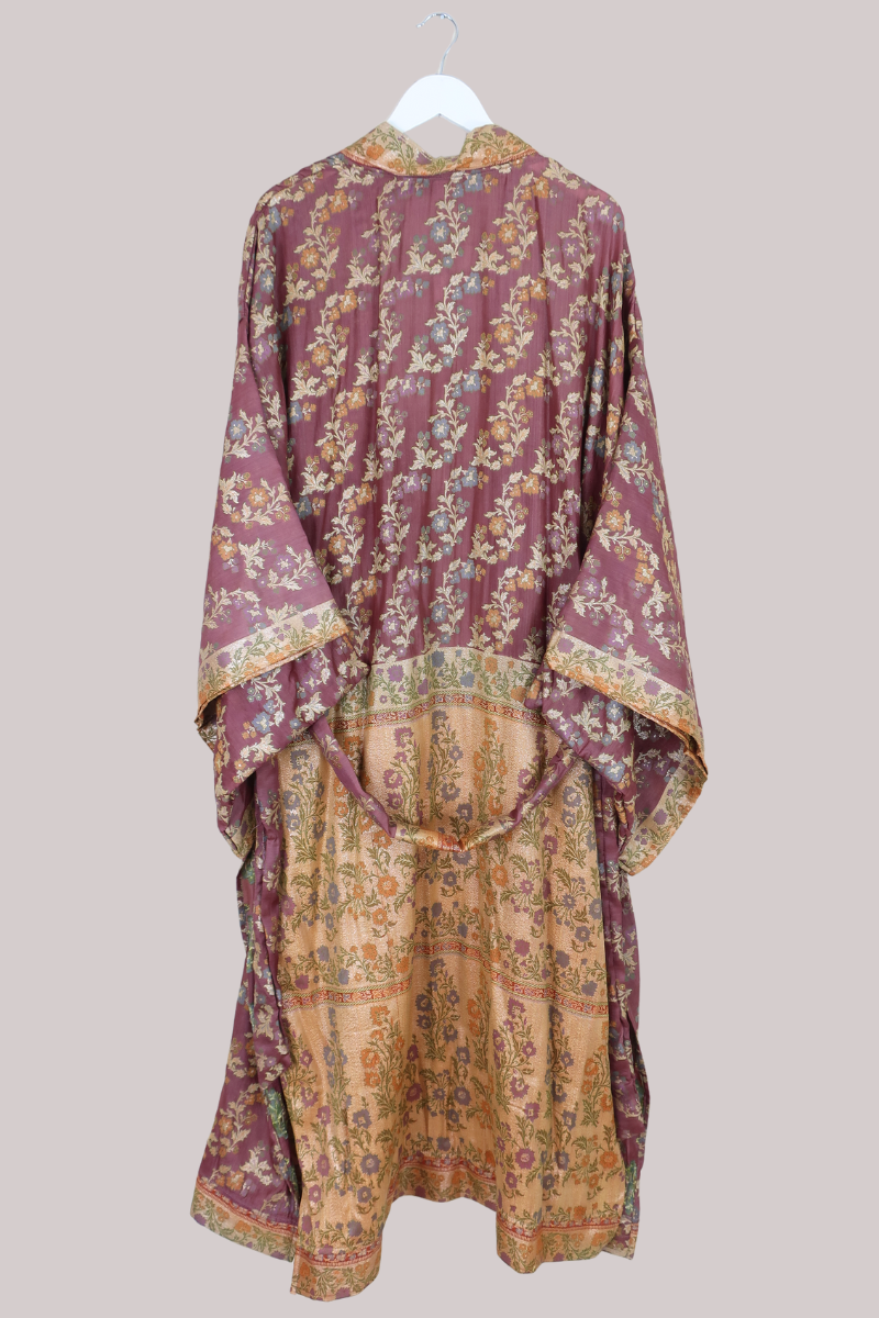 Lotus Embroidered Pure Silk Robe - Deep Mauve Hibiscus - Free Size